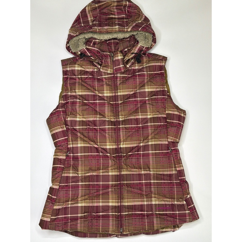 Patagonia Plaid Puffer Vest‎ Hooded Fur Lined Women's Medium
